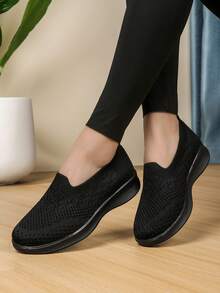 Women's Black Knit Loafers, Soft Sole Lightweight Comfortable Slip-On Flat Shoes, Casual Everyday & Outdoor Walking Shoes, Suitable For Mothers