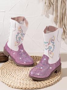 زوج من بوت البنات المطرزة، بوت مدرسية للطلاب، بوت أطفال، بوت بطراز غربي، بوت ثلج مقاومة للانزلاق ومقاومة للماء للاستخدام الخارجي والحفلات