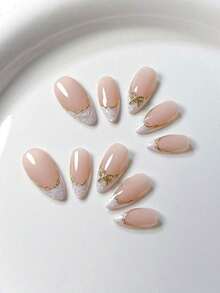 10pcs Handmade French Short Nail Stickers. This Manicure Set Includes 5 Colors: White, Pink, Gold, Blue, And Yellow, With A Charming And Design. Each Nail Sticker Is Decorated With Hand-Painted Vine Patterns That Wind Along Metallic French, And Are Embellished With Gold And Bow Accents. - 藕粉色 - 查看 8
