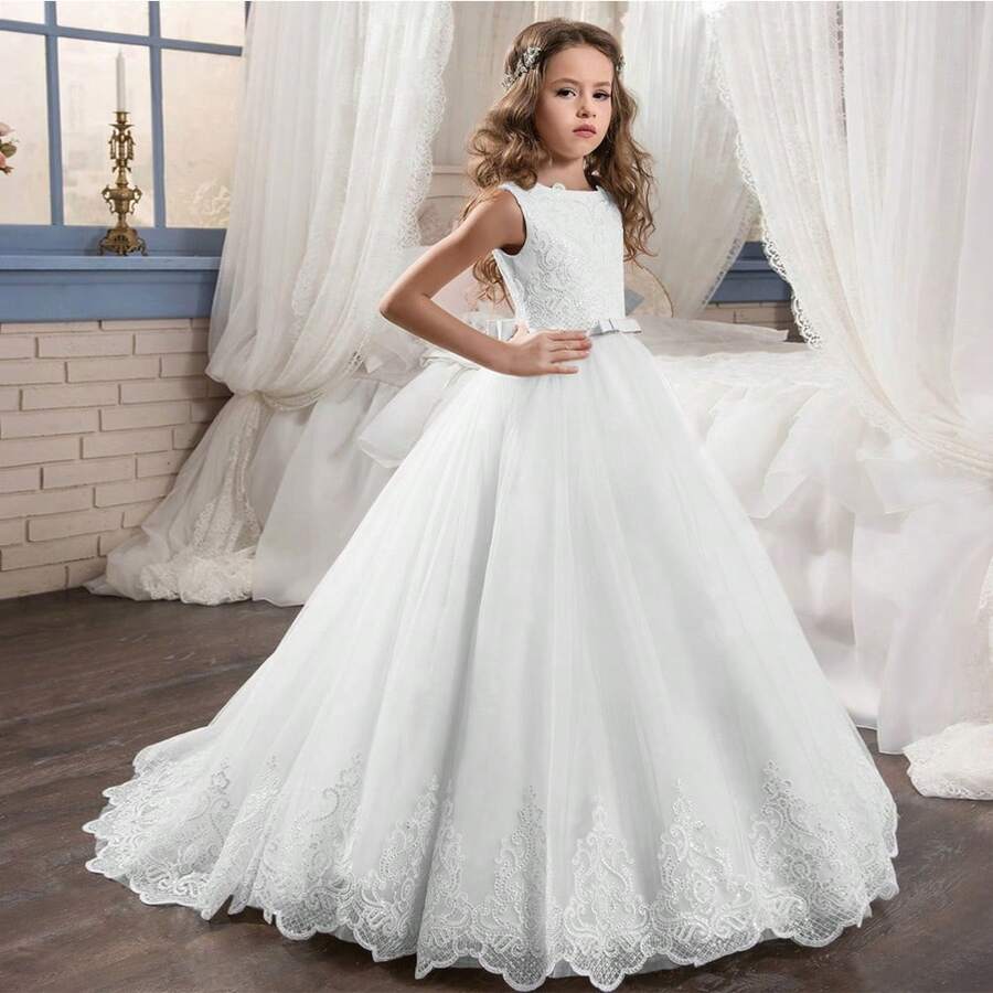Fairy-Like Elegant White Princess Dress With Lace Top, Bow Belt And Large Lace Hem - 白色 - 查看 1