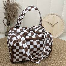 Checkered Toiletry Bag,Large Capacity Water-Proof Plaid Cosmetic Bag,Women Multi-Partitions Makeup Bag,Dust-Proof Wide-Open Puffy Organizers For Travel Accessories , Portable Travel Bag With Strap For Putting On Suitcase - 棕色 - 查看 5