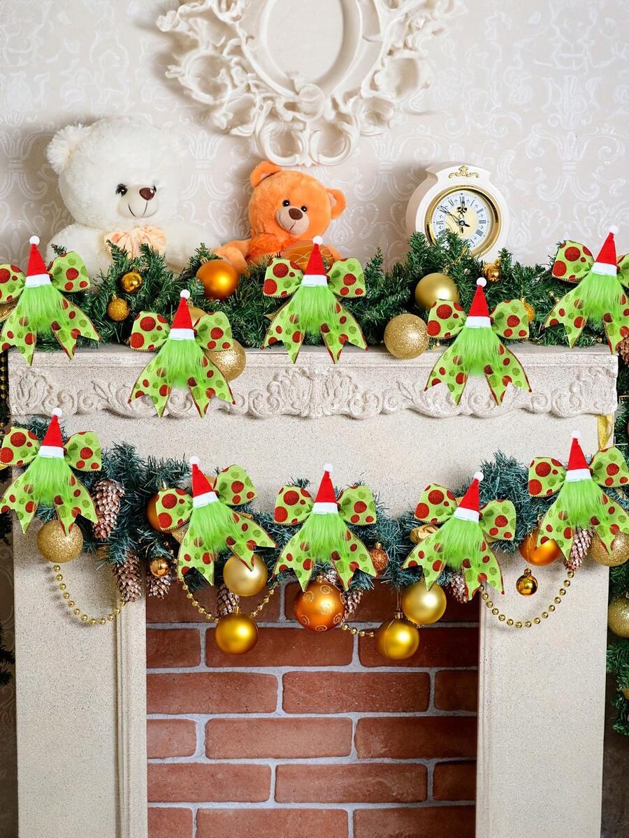 2/4 Stücke festliche rote und grüne Weihnachtsschleifen Dekorationen mit Weihnachtsmannmütze & Plüschlaub - Glitzer Punkt Bänder für Kränze, Bäume und Feiertags-Party Ornamente, festliche Verzierungen | Weihnachtsmann-Themen Dekoration | Dekorative Bänder, Weihnachtsdekorationen