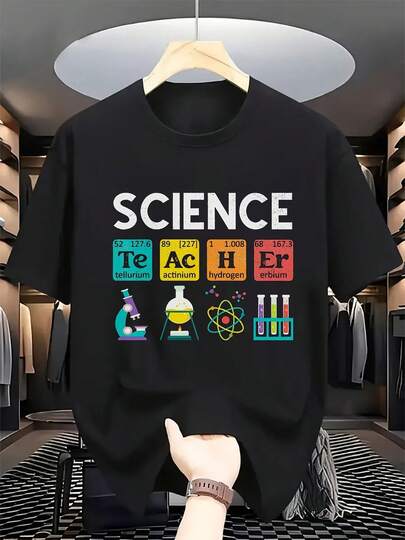 Science Teacher T-Shirt - Periodic Table & Lab Equipment Graphic, Soft Breathable Cotton, Lightweight Regular Fit, Machine Washable Unisex Casual Tee For Chemistry Enthusiasts, Everyday Comfort, Vintage Style, Breathable Knit Fabric