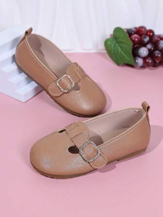 Children's Solid Color PU Leather Comfortable Fashion Round Toe Flat Girls' Casual Slip-On Shoes, Suitable For All Seasons