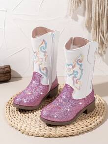 زوج من بوت البنات المطرزة، بوت مدرسية للطلاب، بوت أطفال، بوت بطراز غربي، بوت ثلج مقاومة للانزلاق ومقاومة للماء للاستخدام الخارجي والحفلات