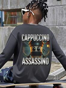 Tween-Jungen 1 Stück bedrucktes Langarm-T-Shirt, Kleidung für junge Studenten, geeignet für Herbst/Winter, kann als Unter- oder Oberbekleidung getragen werden