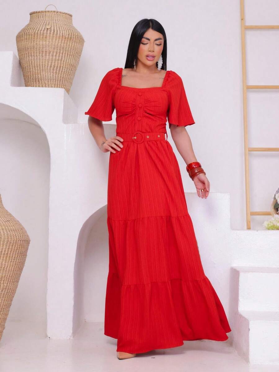 Women's Long Dress In Um Duna Fabric With A More Elaborate Design And A Belted Cup - لون مشمشي - مشاهدة 1