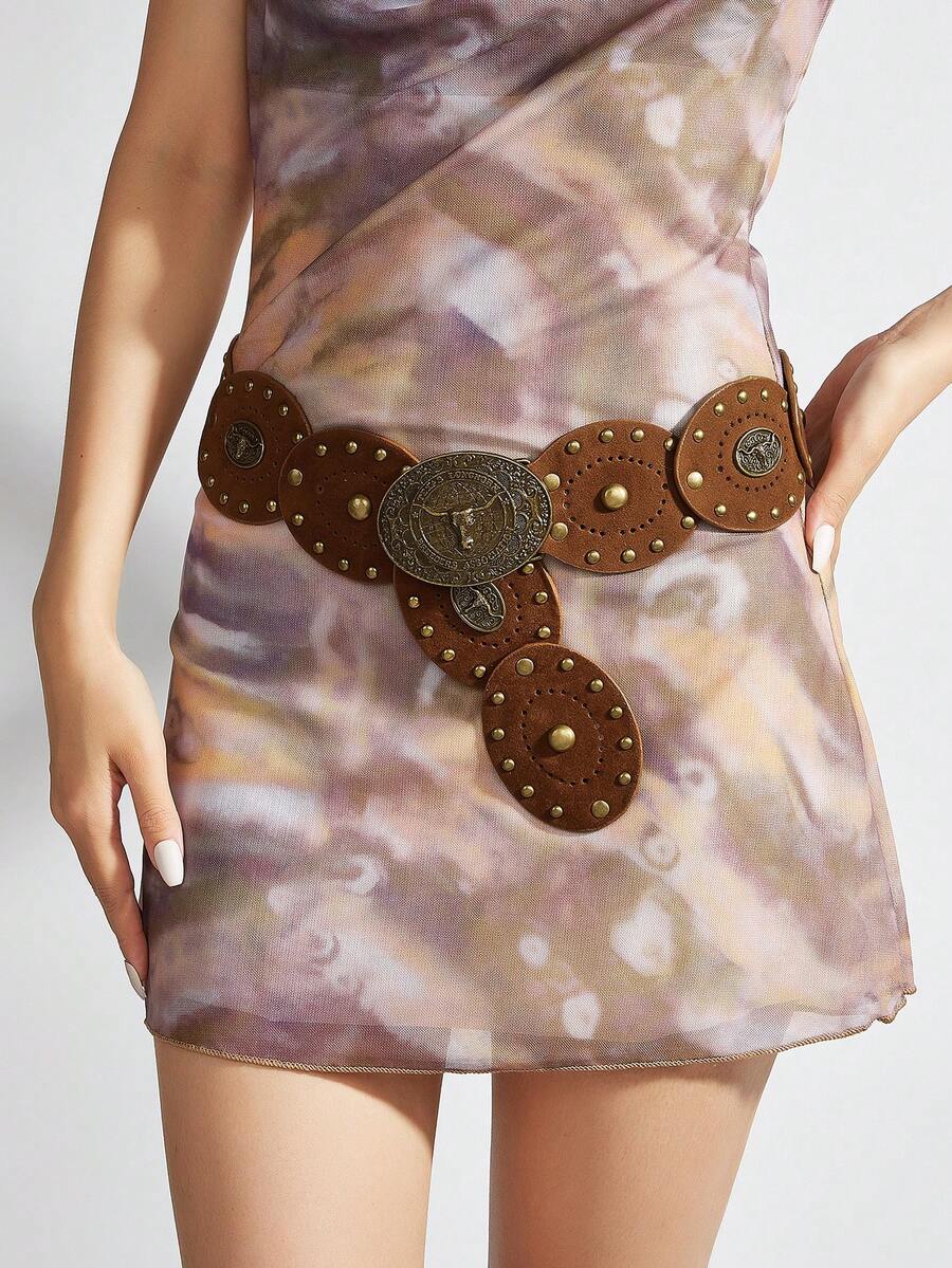 1pc Women's Heart Patchwork Rivet Decor Western Retro Belt Accessory, American Vintage Belt In Stock - Khaki - View 1