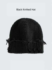 1 件男女通用纯色街头风格磨损针织帽，温暖户外时尚情侣/学生针织帽，适合日常穿着，秋冬