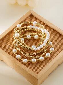 Bộ 7 vòng tay nhiều lớp đính hạt ngọc trai và sao biển, thiết kế xếp chồng theo phong cách Bohemian, phù hợp cho nữ, trang phục thường ngày khi đi biển - Sao biển vỏ sò - Xem 16