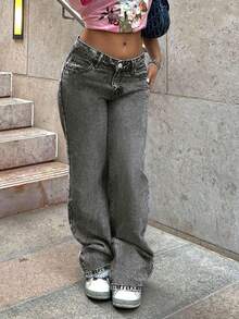 Women's Straight Leg Jeans, Butterfly Embroidery Design Back Pockets, Washed Denim Fabric, Back To School Season Pants Casual - Grey - View 6