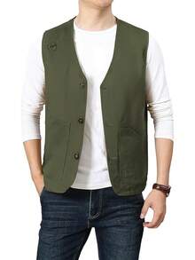 Men's Casual Outdoor Cotton Vest Lightweight Breathable Multi-Pocket Fishing Travel Vests OutwearChristmas IQWV - 03-綠色 - 查看 10