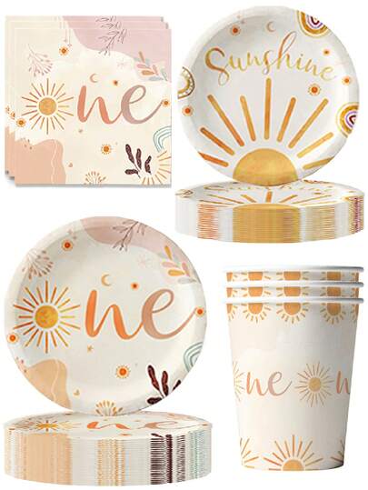 10pcs Bohemian Sun Theme Birthday Party Supplies Decoration Disposable Tableware Cups Tissue Set Camping Camping Travel Essentials