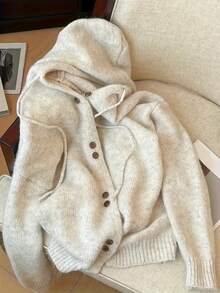 Áo khoác cardigan nữ tay dài dáng suông, màu trơn, có mũ, kiểu dáng thường ngày, thích hợp cho mùa thu/đông. - Màu Khaki - Xem 3