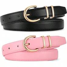 2-Pack Women's Leather Belts For Jeans And Dresses Plus Size - I-黑色+粉紅色 - 查看 1