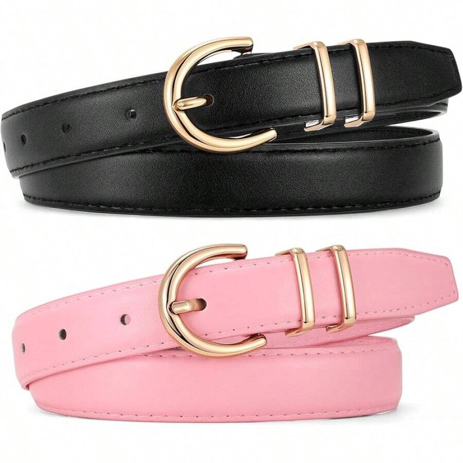 2-Pack Women's Leather Belts For Jeans And Dresses Plus Size - I-黑色+粉紅色 - 查看 1