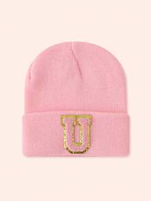 1 Stück Kinder Rosa 26 Buchstaben gestrickte Mütze, Kleinkind Jungen Mädchen warme Beanie Kappe, geeignet für Outdoor, Alltag, windundurchlässig & warm