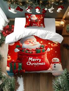 2/3pcs Christmas Tree, Gift, Snowflake, Deer, Santa Claus Pattern Digital Printing Brushed Duvet Cover Set, Soft & Comfortable, Suitable For Bedroom, Guest Room, Game Room, Hotel, School Dormitory