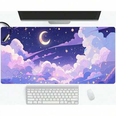 1pc Large Purple Cloud Mouse Pad, Ultra-Smooth Rubber Base Desk, Non-Slip-Resistant Oblong Keyboard Pad With Stitched Edges Home Office, Mouse Pads Desk