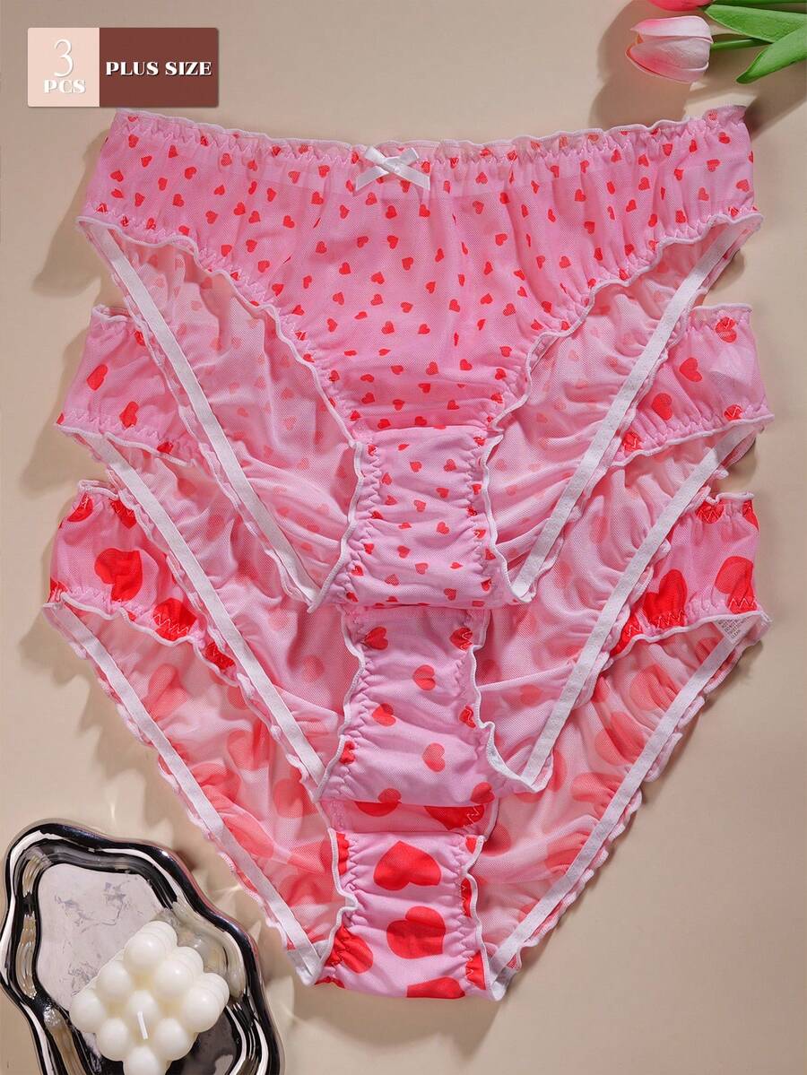 3pcs/Pack - Plus Size Women's Panties With Bow Ruffle Trim, Elegant Printed Design, Comfortable Fabric - Multicolor - View 1