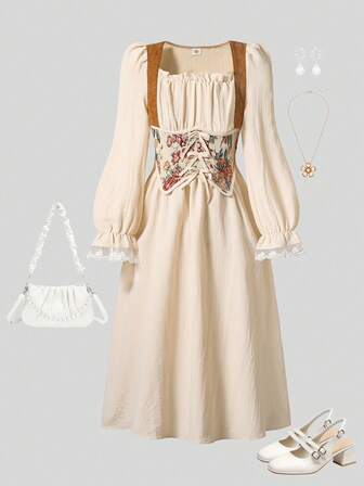 Left Mama Girls' Elegant Vintage Print Waist Protecting Square Neck Lace Trim Long Sleeve Dress, Suitable For Banquet In Spring And Autumn