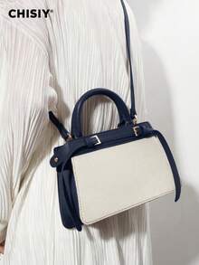 CHISIY Original Handmade Fashion Brown & White Patchwork Minimalist Style Handbag, Suitable For Business, Casual, Shopping, And School, Front Twist Lock, With Shoulder Strap, Crossbody Bag, Lightweight And Durable, Vintage Charm, Elegant And Versatile For Any Occasion, Showcasing Unique Fashion Taste