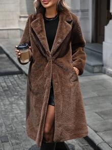 冬季必备：棕色仿毛皮长款翻领大衣 - 咖啡色 - 查看 6