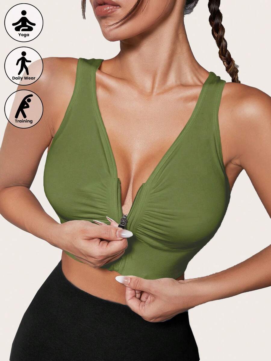 1pc Zipper Front Wireless Sports Bra For Running, Cycling, Yoga, Daily Wear - Green - View 1