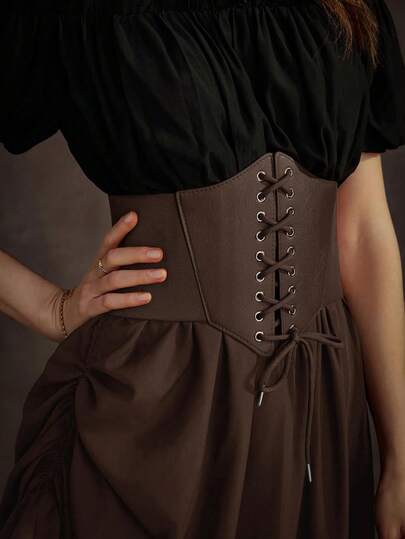 1件女士休闲咖啡棕色可调节抽绳腰带PU束身腰带，百搭配饰，可搭配连衣裙、衬衫、外套或日常穿着