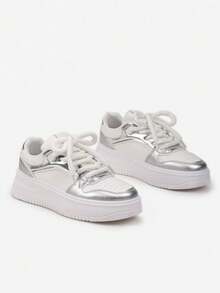 Thick Sole Sneakers With Numerous Inserts On The Upper - Silver - View 4