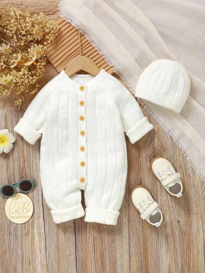 Conjunto de suéter branco para bebê 2 peças: macacão de manga comprida + chapéu, moda casual minimalista