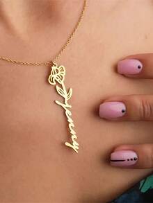 Customized Name Necklace, Stainless Steel Personalized Birth Month Flower Gold Letter Pendant Necklace, Fashion Simple Creative Bridesmaid Gift, Christmas, Mother's Day Gift For Mom, Customized Women Jewelry/Personalized Name Necklace/Birth Flower Jewelry/Floral Name Necklace/Handmade Birthday Gift/Gift For Her, Floral Design Personalized Name Necklace - Multicolor 2 - View 8