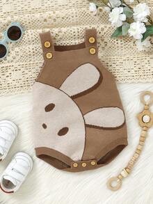 Infant Knit Romper, Cute Rabbit Jacquard Coffee Color Jumpsuit, Triangle Snap Crotch Design Overalls, Casual Minimalist Style