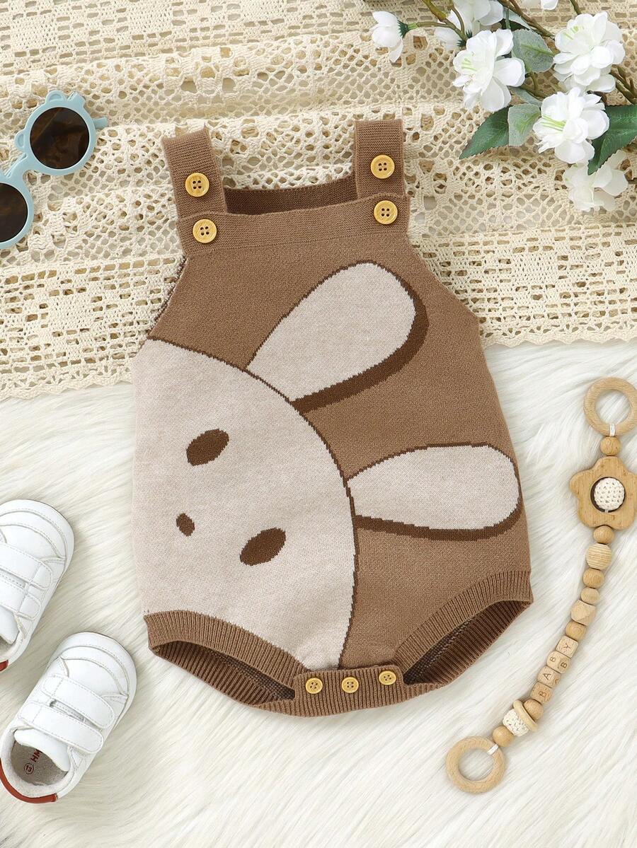 Infant Knit Romper, Cute Rabbit Jacquard Coffee Color Jumpsuit, Triangle Snap Crotch Design Overalls, Casual Minimalist Style