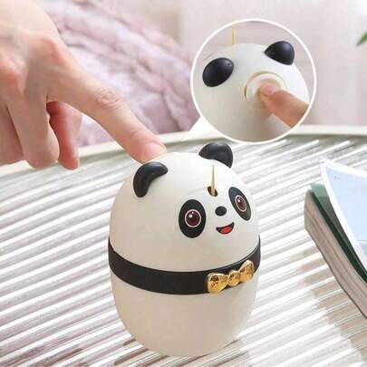 Panda tandpetare dispenser stor kapacitet bärbar bambu tandpetare organisatör med dammtät halsduk tecknad panda tandpetare låda med automatisk pressning tandpetare hållare söt tecknad tandpetare hållare för tandpetare förvaring och organisatör