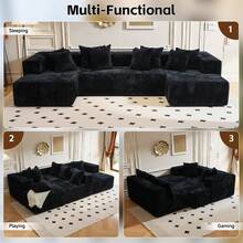 132''U-Shape Modular Sectional Couch Sofa, Boneless Sectional Couch Compressed Corduroy, Modern Sleeper Sofa For Living Room, Space-Efficient Design Convertible Corduroy Sectional Couch(3 Packages Shipping) - 黑色 - 查看 2
