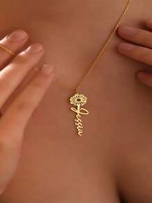 Customized Name Necklace, Stainless Steel Personalized Birth Month Flower Gold Letter Pendant Necklace, Fashion Simple Creative Bridesmaid Gift, Christmas, Mother's Day Gift For Mom, Customized Women Jewelry/Personalized Name Necklace/Birth Flower Jewelry/Floral Name Necklace/Handmade Birthday Gift/Gift For Her, Floral Design Personalized Name Necklace - Multicolor 2 - View 7