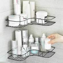 1/2 piezas Estante de baño de esquina de hierro con ganchos adhesivos, estante de almacenamiento triangular para artículos de tocador de baño, accesorios de estante de esquina para baño, sin necesidad de perforar, negro