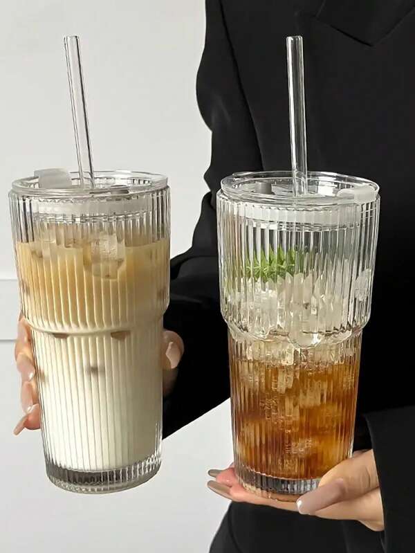 2PCS Vintage Striped Tumblers, Tumblers With Glass Straws, 19oz Coffee Cups, Thickened High Borosilicate Material Tumblers, Perfect For Iced Coffee, Juice, Beverages, Home, And Parties