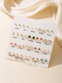 40pairs/Set Ladies' Geometric Faux Pearl & Rhinestone Decor Stud Earrings For Daily Wear - Multicolor - View 2