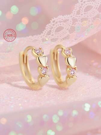 Artepollo 1pc 925 Sterling Silver Hypoallergenic Heart-Shaped Children's Hoop Earrings, Inlaid With Pink Zirconia, Sweet And Exquisite, Gift Box Packaging, Elegant And Refined, Suitable For Daily Or Holiday Wear, Gift For Girls, Friends, Back To School, Christmas