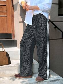 GLOpass 女士豹纹弹力腰阔腿裤，侧条纹宽松休闲裤，复古嘻哈风直筒裤 - 深灰色 - 查看 1