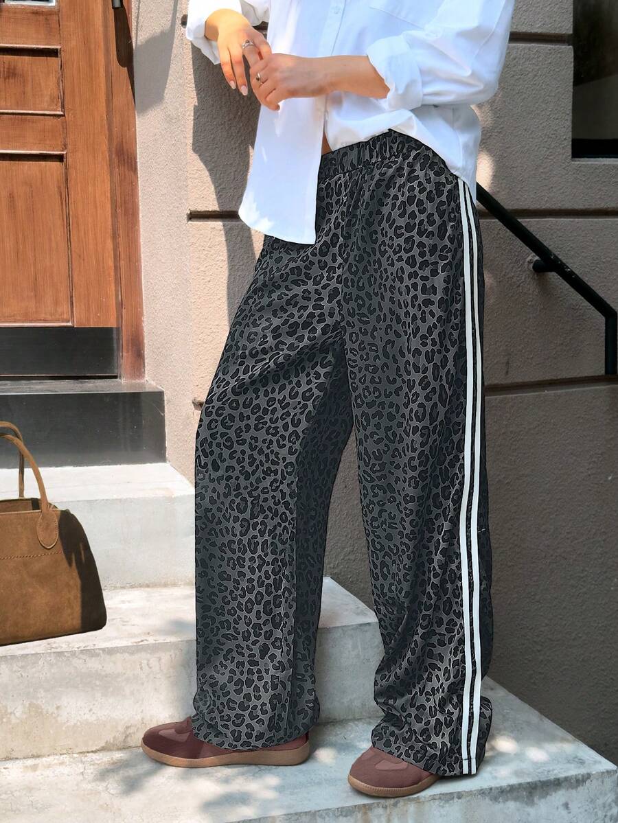 GLOpass 女士豹纹弹力腰阔腿裤，侧条纹宽松休闲裤，复古嘻哈风直筒裤 - 深灰色 - 查看 1