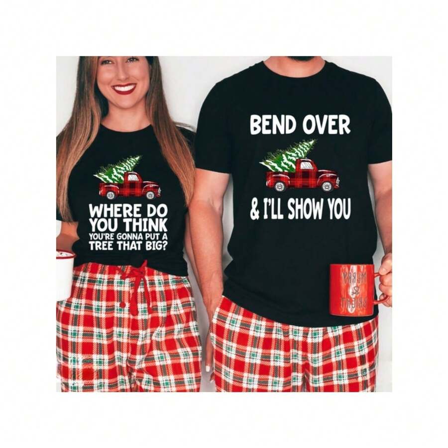 1pc Couple Shirt Funny Christmas Couple T-Shirt, Casual Crew Neck Short Sleeve Summer Casual Tee Top For Boyfriend Girlfriend T Shirts 180g 100% Cotton One-Sided Printed Crew Neck Short Sleeve T-Shirt For Men And Women WMT - Đàn ông - Xem 1