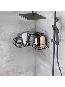 1 pieza Estantería de baño, estantería de almacenamiento triangular sin costuras para baño y cocina, estantería de almacenamiento de baño sin perforación, estantería de ducha de esquina de hierro fundido, diseño de malla de acero inoxidable negro, fácil de acceder y organizar, adecuado para almacenar champú, acondicionador y jabón, decoración moderna de baño, organización y almacenamiento de baño, accesorios de baño