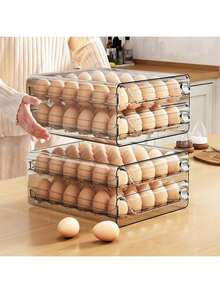 1 Tier/2 Tier Egg Storage Box,30/40/60 Grid Stackable PET Egg Storage Set,Multi-Layer Egg Tray Container,Drawer Type Egg Storage Organizer,Transparent Fresh Organizer,For Kitchen Refrigerator Use - 2層裝60網格 - 查看 2