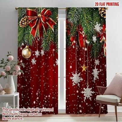 2pcs Elegant Red & White Rose Floral Print Curtains - Rod Pocket Knit Polyester Drapes For Kitchen, Living Room, Office, Bedroom, Coffee Shop, Vacation Home - Machine Washable, Landscape Theme Decor,Christmas Curtains