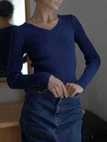 GIGOGOU Women's V-Neck Ribbed Basic Sweater, Fashionable Sexy Slim Fit Casual Top, Suitable For Spring And Autumn - Royal Blue - View 6
