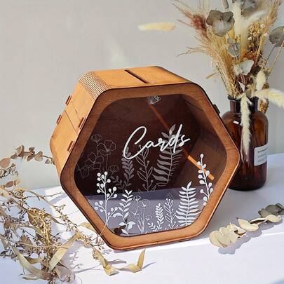 1pc Rustic Wooden Wedding Card Box With Slots, Large Size, Elegant Floral Design And Thank You Message, Suitable For Reception Gifts And Celebration Events, Great For Holiday Parties, Bridal Showers, Birthdays And Graduations, Wedding Decor