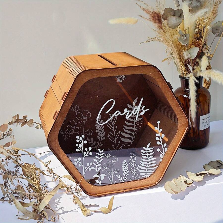 1pc Rustic Wooden Wedding Card Box With Slots, Large Size, Elegant Floral Design And Thank You Message, Suitable For Reception Gifts And Celebration Events, Great For Holiday Parties, Bridal Showers, Birthdays And Graduations, Wedding Decor